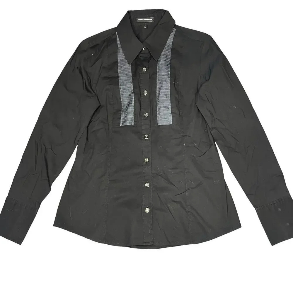 Express Design Studio Mens Medium Black with Grey‎ Ruffle Detail Button-Up Shirt